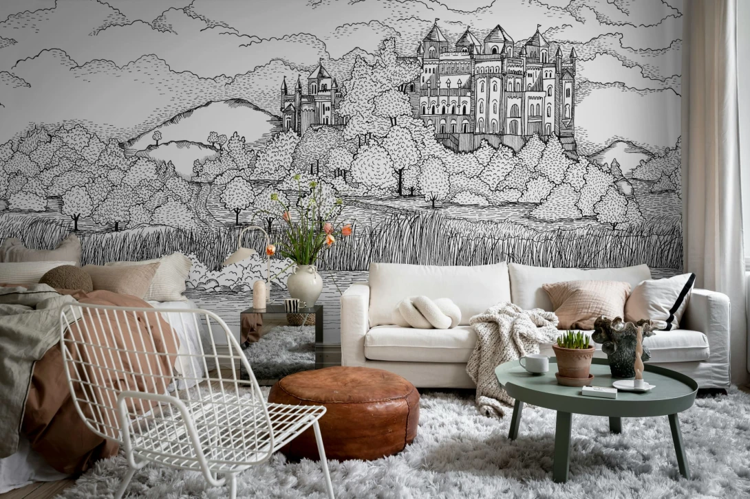 Rebel Walls R20679 Pops Castle By The Lake Black & White - mural dziecięcy w pejzaż z zamkiem