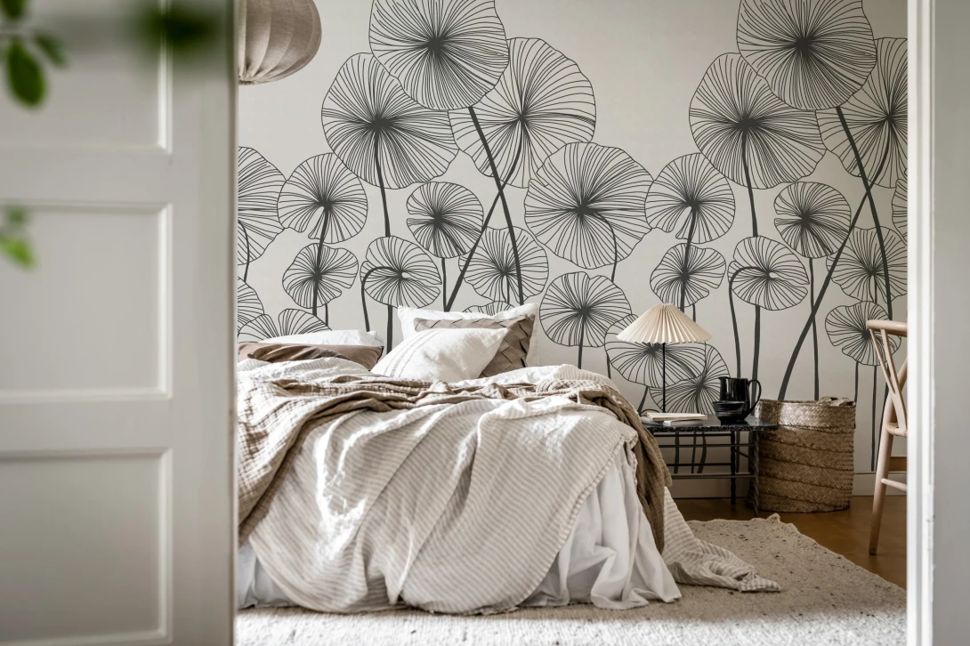 Rebel Walls R20681 Pops Waterlily Forest Black & White - mural w liście lilii wodnej