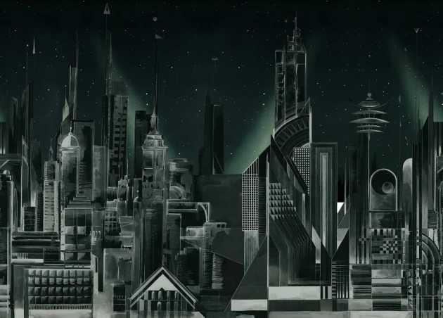 Rebel Walls R20683 Pops Sci-Fi Town Green - mural w miasto