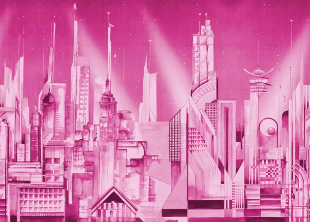 Rebel Walls R20686 Pops Sci-Fi Town Pink - mural w miasto