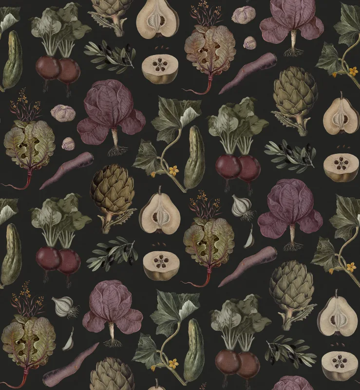 Rebel Walls R20690 Pops Vintage Greens Black - mural botaniczny w warzywa