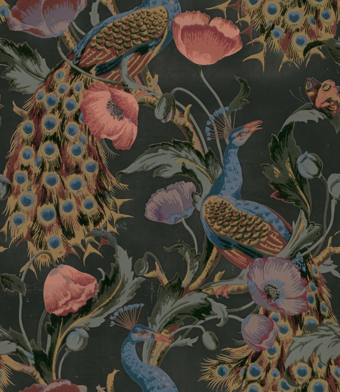 Rebel Walls R20692 Pops Vintage Peacock Black - mural w pawie i kwiaty