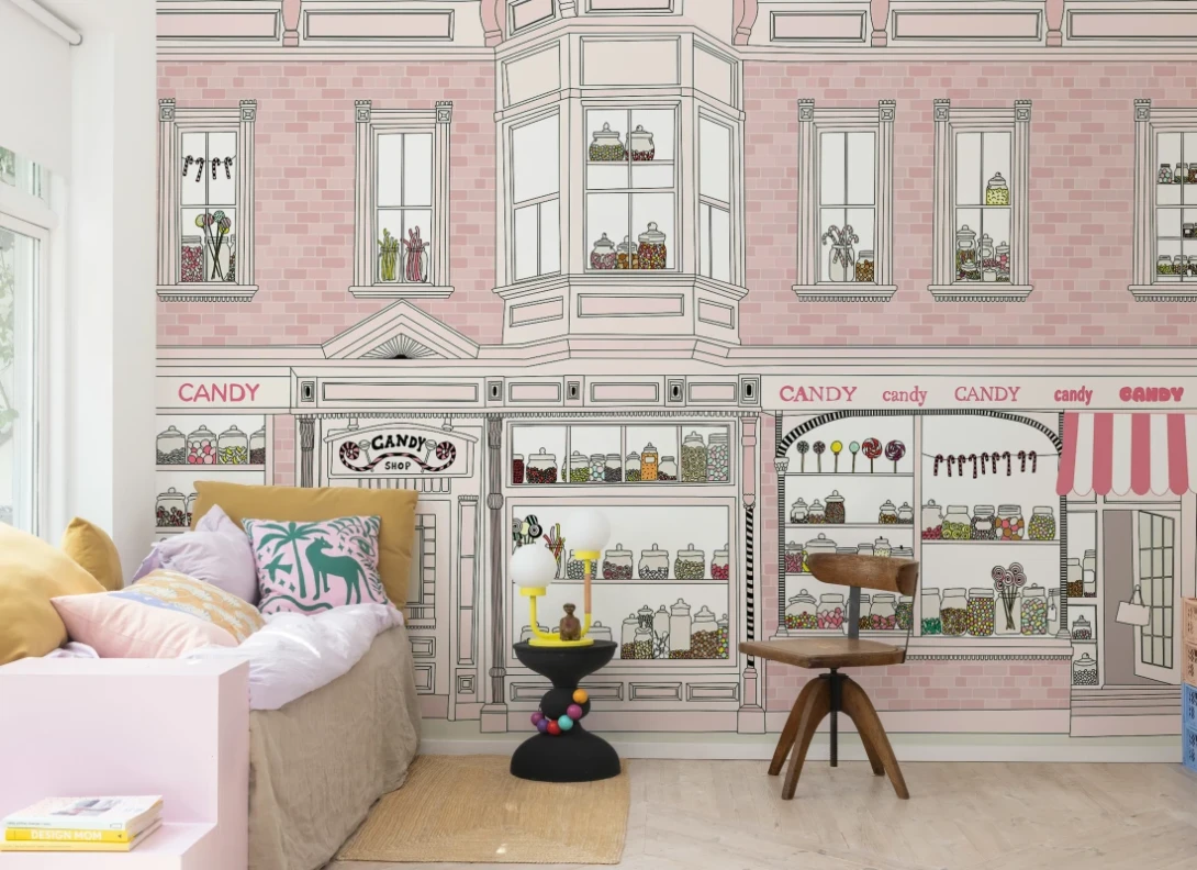 Rebel Walls R20833 Pops Candyshop Pink - mural dziecięcy z witryną sklepu