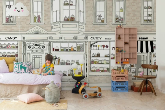 Rebel Walls R20835 Pops Candyshop Beige - mural dziecięcy z witryną sklepu