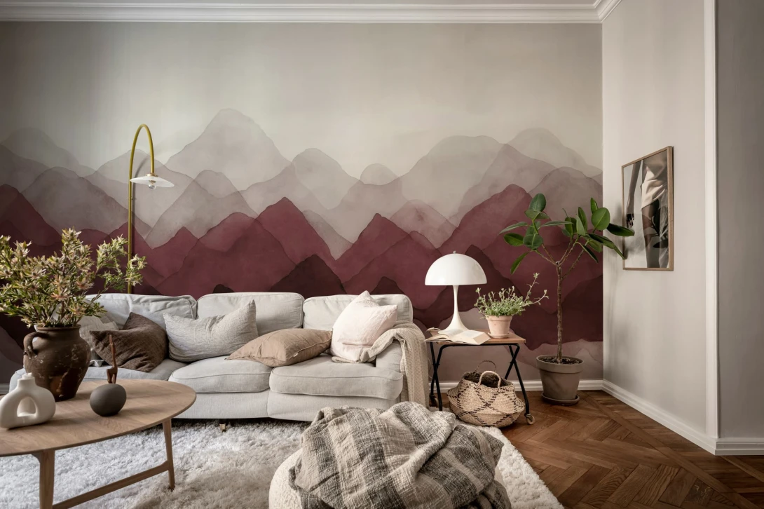 Rebel Walls R20851 Pops Watercolor Mountain Burgundy - mural w abstrakcyjne góry