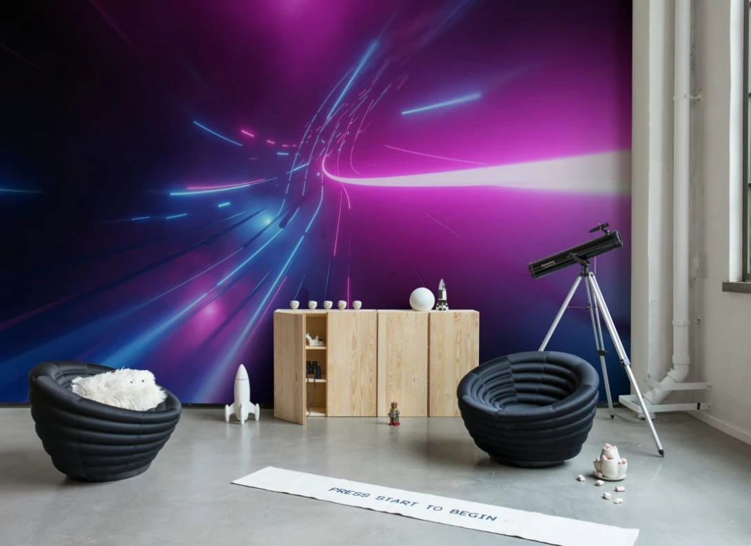 Rebel Walls R21077 Pops The Speed of Light Midnight - mural w neonowe smugi światła
