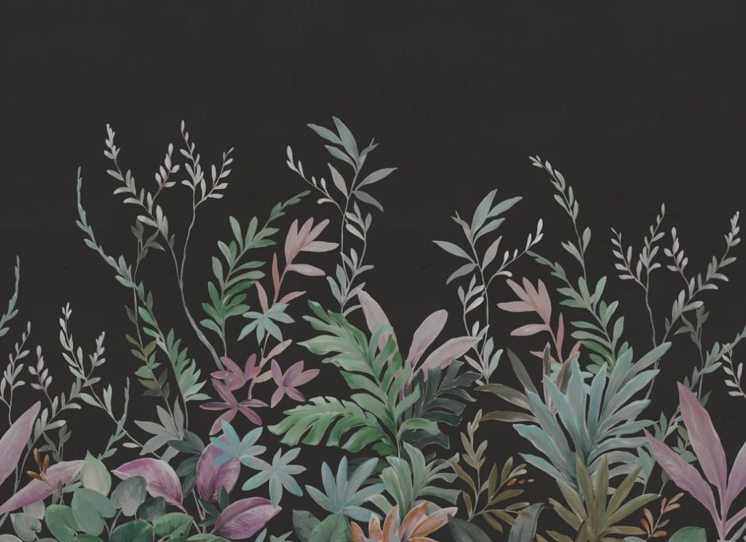 Rebel Walls R21167 Pops Jungle Meadow Black - mural w egzotyczne rośliny