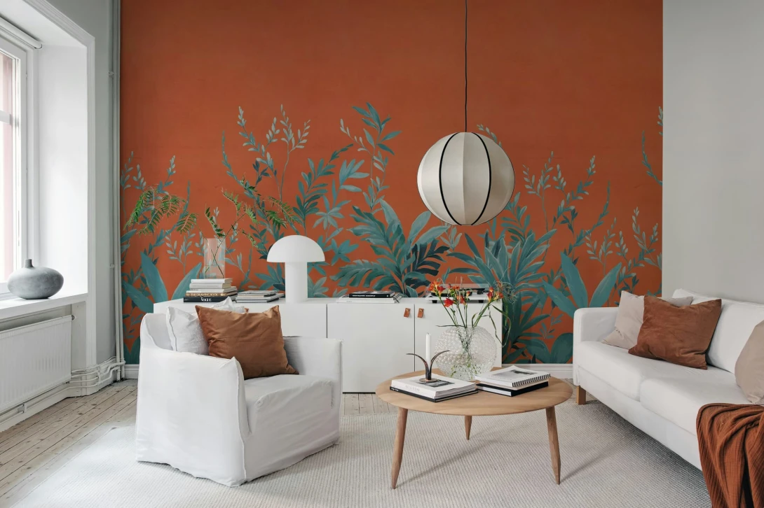 Rebel Walls R21170 Pops Jungle Meadow Orange - mural w egzotyczne rośliny