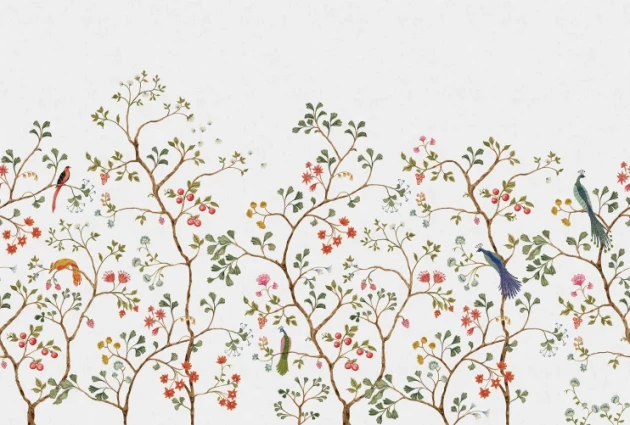 Rebel Walls R21193 Pops Songbird Mural White - mural w krzewy i egzotyczne ptaki