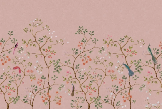 Rebel Walls R21194 Pops Songbird Mural Pink - mural w krzewy i egzotyczne ptaki