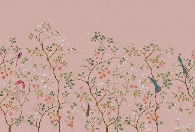 Rebel Walls R21194 Pops Songbird Mural Pink - mural w krzewy i egzotyczne ptaki