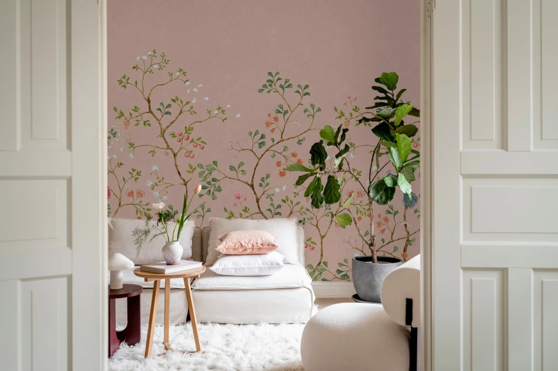 Rebel Walls R21194 Pops Songbird Mural Pink - mural w krzewy i egzotyczne ptaki