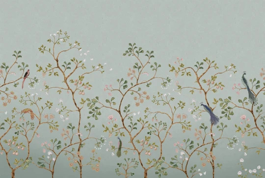 Rebel Walls R21195 Pops Songbird Mural Green - mural w krzewy i egzotyczne ptaki