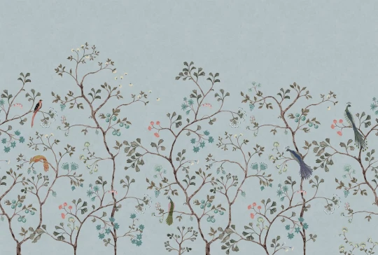 Rebel Walls R21196 Pops Songbird Mural Blue - mural w krzewy i egzotyczne ptaki