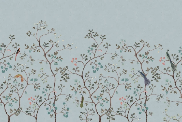 Rebel Walls R21196 Pops Songbird Mural Blue - mural w krzewy i egzotyczne ptaki