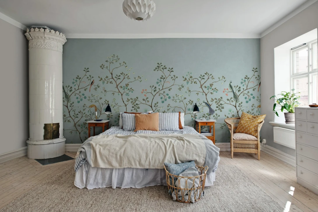 Rebel Walls R21196 Pops Songbird Mural Blue - mural w krzewy i egzotyczne ptaki