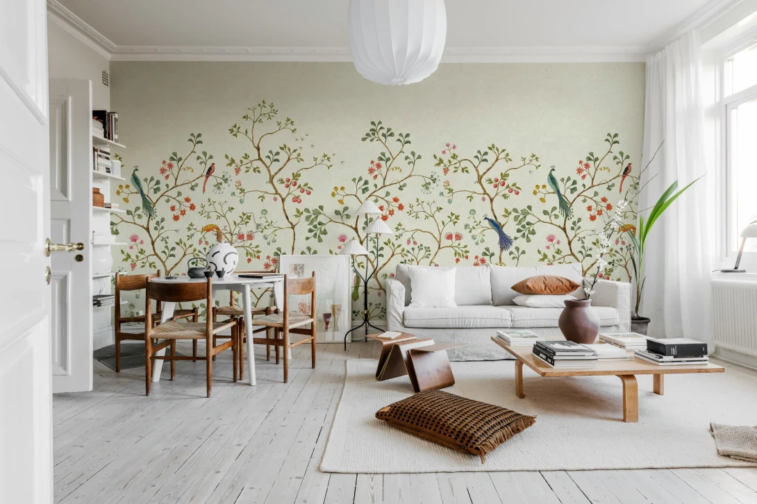 Rebel Walls R21197 Pops Songbird Mural Beige - mural w krzewy i egzotyczne ptaki