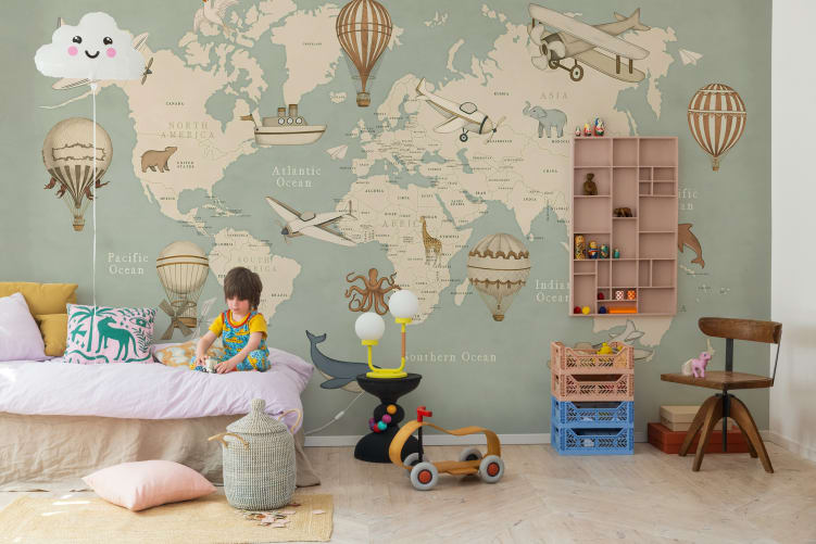 Rebel Walls R21425 Pops Playful World Blue - mural dziecięcy w mapę świata