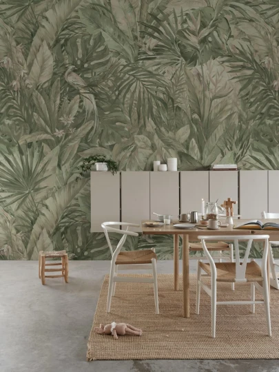 Rebel Walls R21519 Pops Birds in the Jungle Light Green - mural w dżunglę