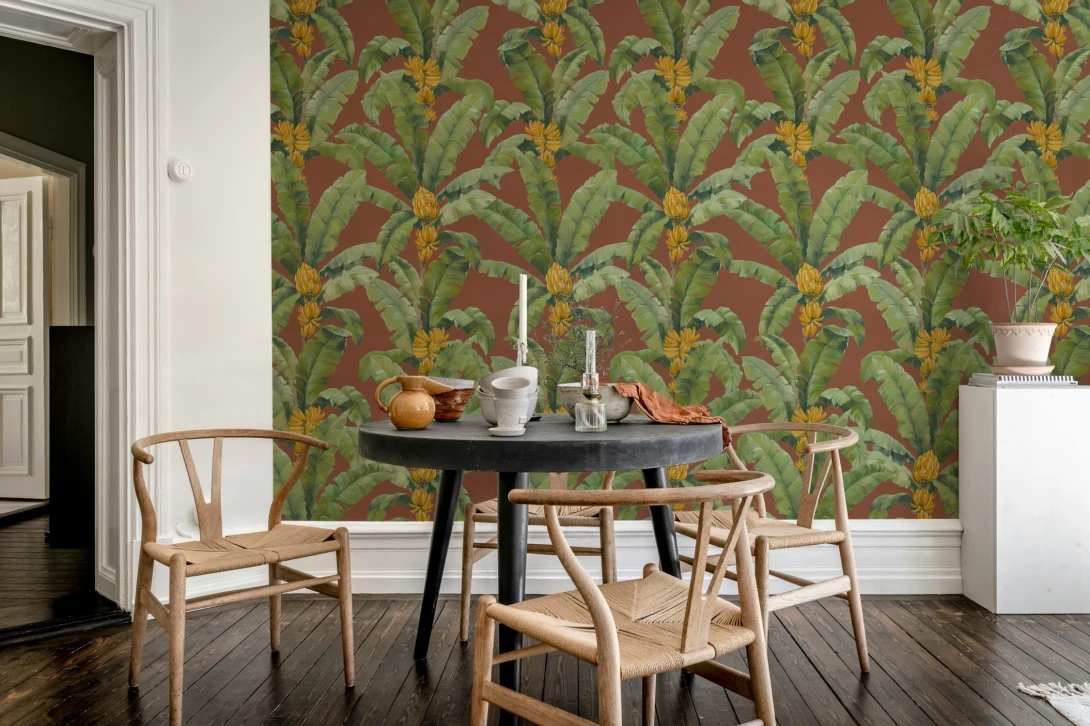 Rebel Walls R21525 Pops Banana Leaf Burgundy - mural w bananowce