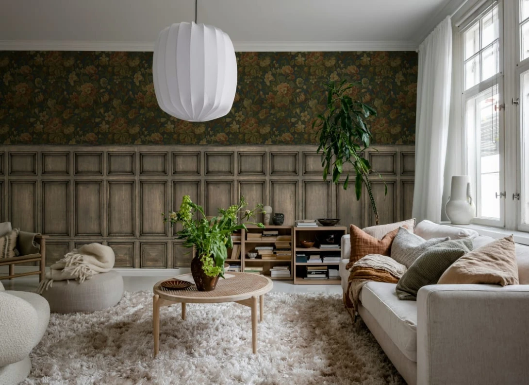 Rebel Walls R21610 Pops Vintage Garden Panels - mural w kwiaty i drewnianą lamperię