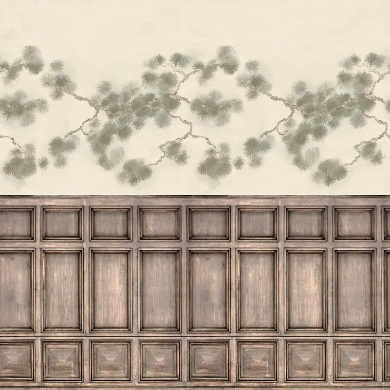Rebel Walls R21611 Pops Pine Branch Panels - mural w gałęzie sosny i drewnianą lamperię