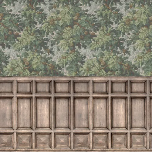 Rebel Walls R21612 Pops Pine Branch Panels - mural w gałęzie świerku i drewnianą lamperię