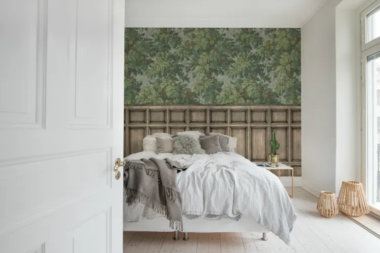 Rebel Walls R21612 Pops Pine Branch Panels - mural w gałęzie świerku i drewnianą lamperię