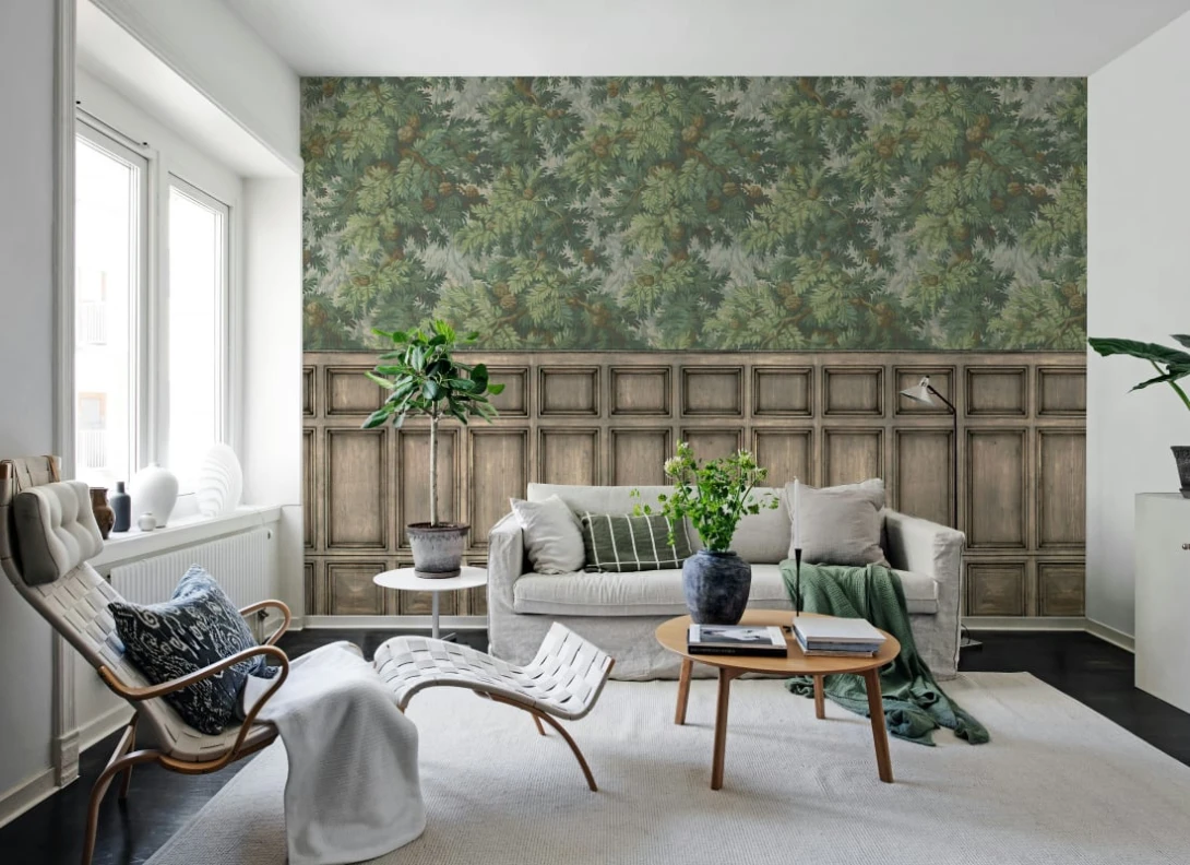 Rebel Walls R21612 Pops Pine Branch Panels - mural w gałęzie świerku i drewnianą lamperię