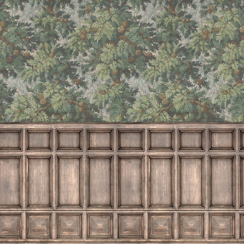 Rebel Walls R21612 Pops Pine Branch Panels - mural w gałęzie świerku i drewnianą lamperię