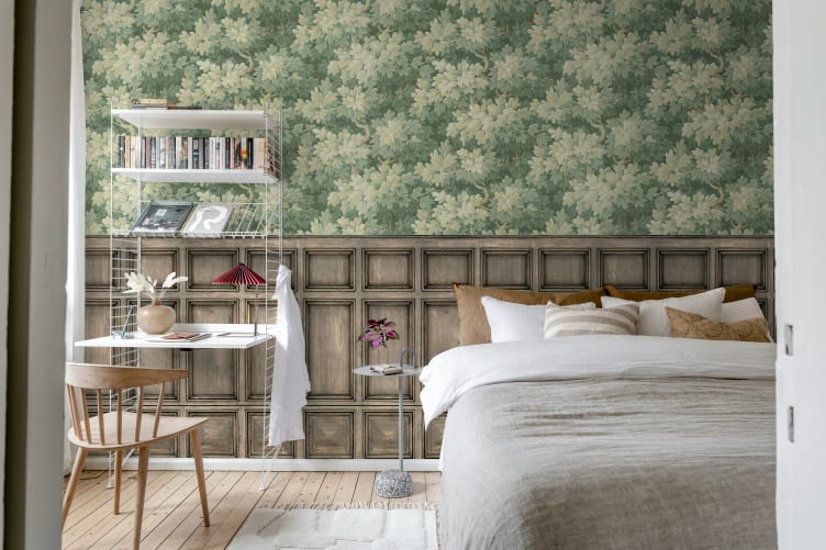 Rebel Walls R21613 Pops Vintage Foliage Panels - mural w liście i drewnianą lamperię