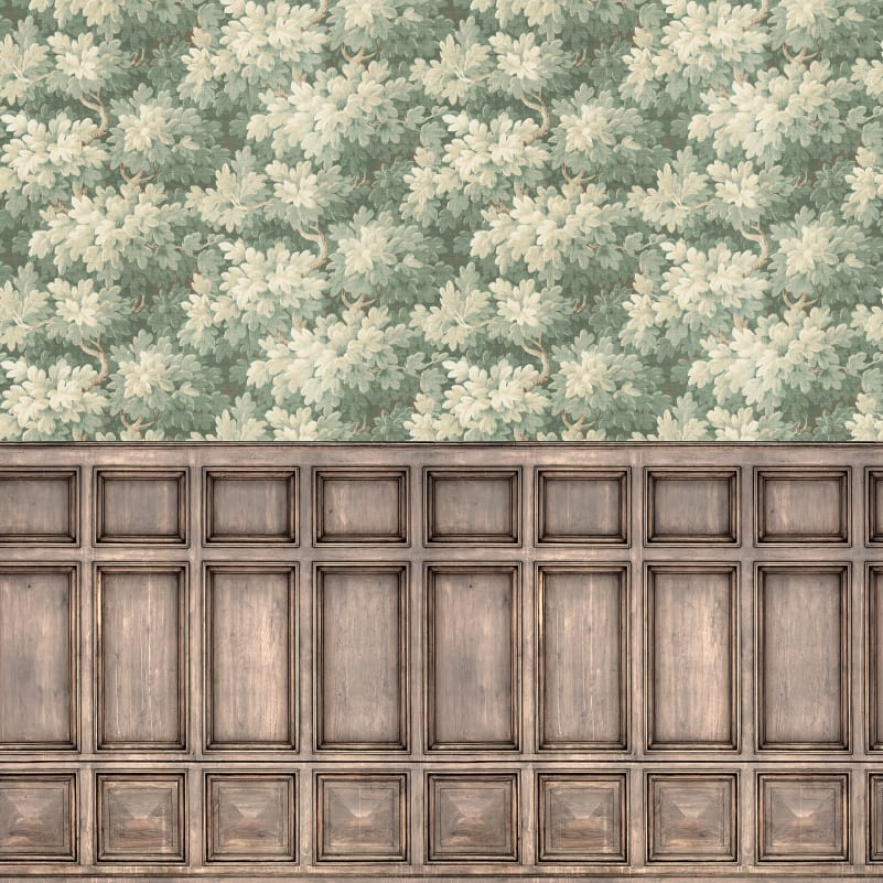 Rebel Walls R21613 Pops Vintage Foliage Panels - mural w liście i drewnianą lamperię