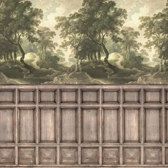 Rebel Walls R21614 Pops The Vintage Grove Panels - mural w drzewa i drewnianą lamperię