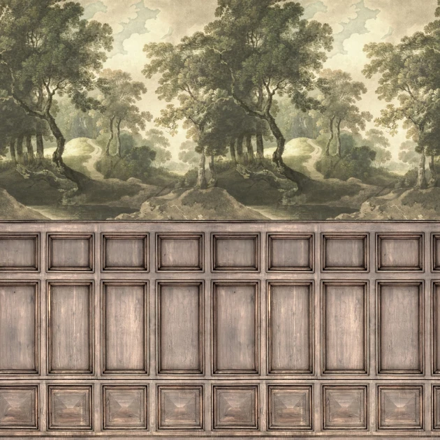 Rebel Walls R21614 Pops The Vintage Grove Panels - mural w drzewa i drewnianą lamperię