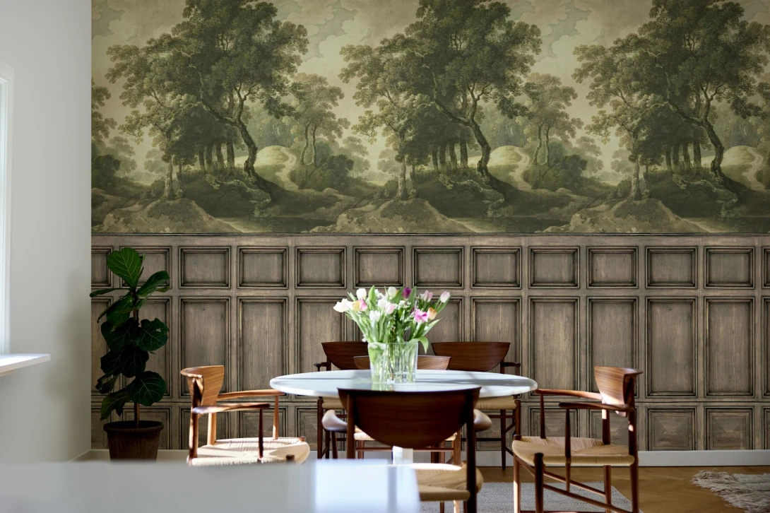 Rebel Walls R21614 Pops The Vintage Grove Panels - mural w drzewa i drewnianą lamperię