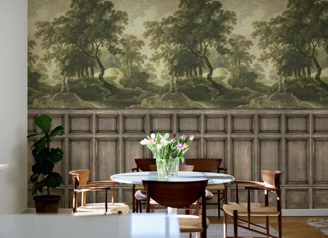 Rebel Walls R21614 Pops The Vintage Grove Panels - mural w drzewa i drewnianą lamperię