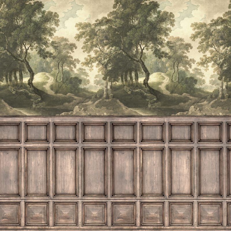 Rebel Walls R21614 Pops The Vintage Grove Panels - mural w drzewa i drewnianą lamperię