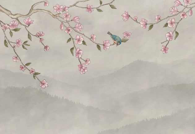 Rebel Walls R21756 Pops Bird in Tree Beige - mural w kwitnące gałęzie z ptakiem