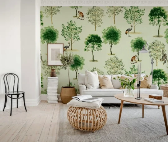 Rebel Walls R21798 Pops Monkey Among Trees Beige - mural w drzewa, małpy i ptaki
