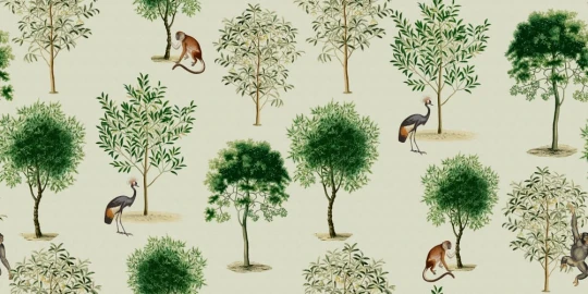 Rebel Walls R21798 Pops Monkey Among Trees Beige - mural w drzewa, małpy i ptaki