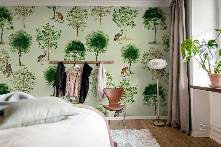Rebel Walls R21798 Pops Monkey Among Trees Beige - mural w drzewa, małpy i ptaki