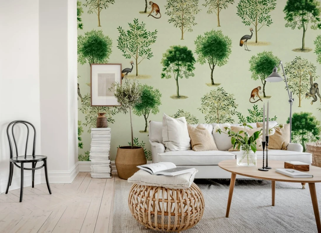 Rebel Walls R21798 Pops Monkey Among Trees Beige - mural w drzewa, małpy i ptaki