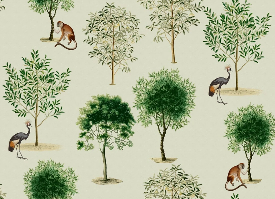 Rebel Walls R21798 Pops Monkey Among Trees Beige - mural w drzewa, małpy i ptaki