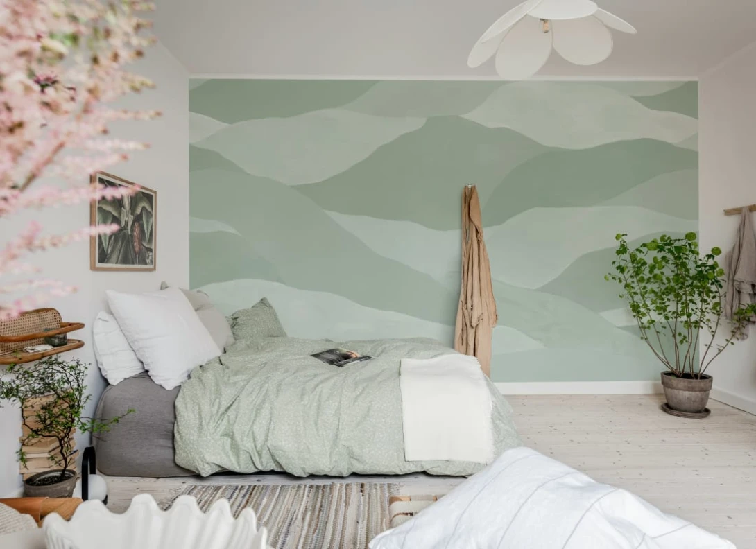 Rebel Walls R21879 Pops Misty Peaks Light Green - mural w abstrakcyjne góry