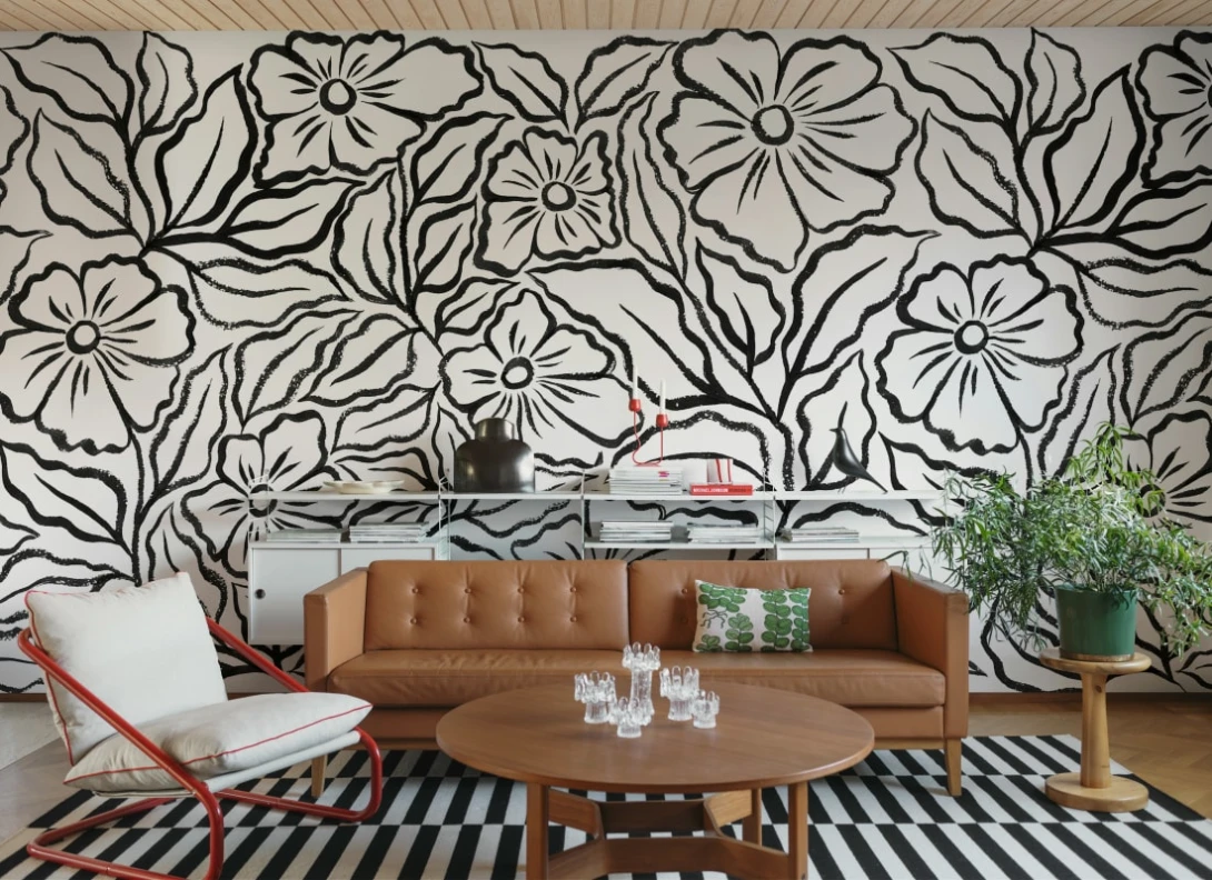 Rebel Walls R21883 Pops Ink Flowers Black - mural w kwiaty
