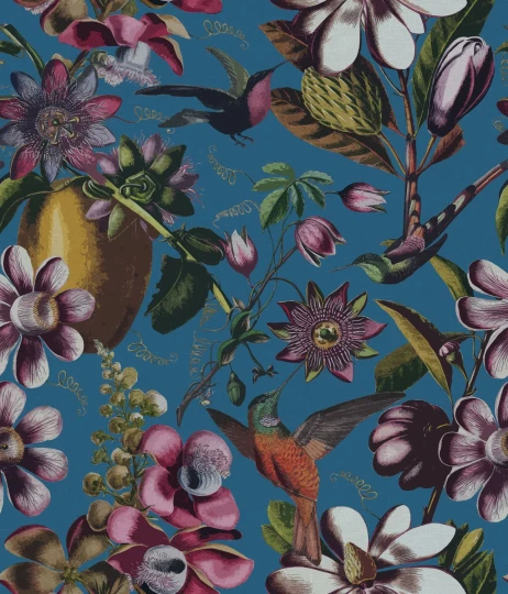 Rebel Walls R21885 Pops Flying Kolibri Blue - mural w kwiaty i kolibry
