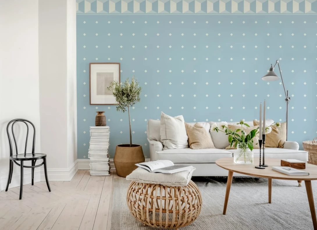 Rebel Walls R22153 Pops Gentle Manor Blue - mural w drobne romby z fryzem
