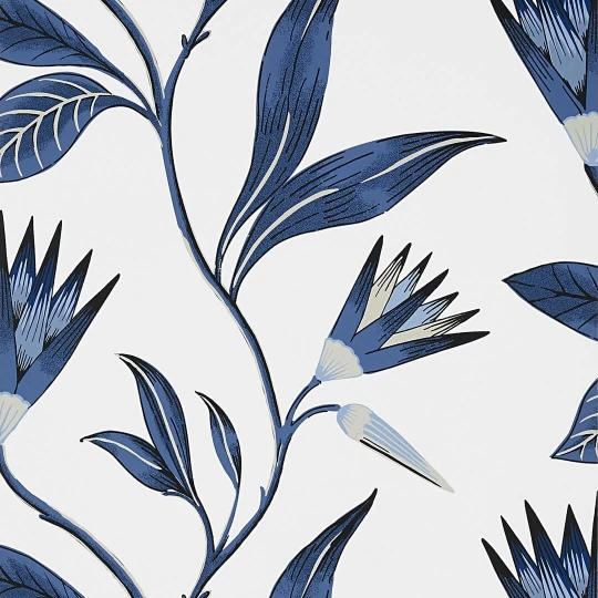 Anna French AT9621 Savoy Cleo Vine Blue and White - tapeta w kwiaty lotosu