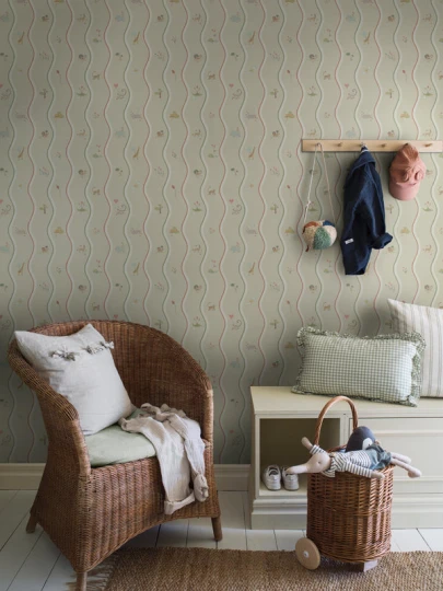 Boras Tapeter 9870W Studio Kids Wavy Stripe Animals - mural w falujące linie i zwierzątka