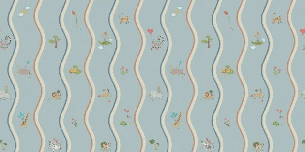 Boras Tapeter 9871W Studio Kids Wavy Stripe Animals - mural w falujące linie i zwierzątka